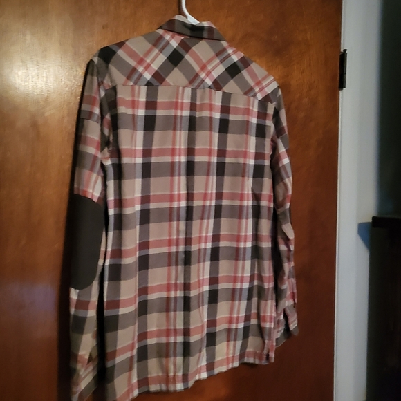 Gently Loved Wrangler ATG Mens  Small Brown-Tan-Red Flannel Button-Dwn Elbow Pad - Picture 5 of 7